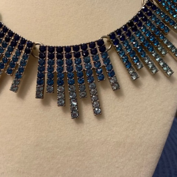 Goldtone Bib Necklace with Teal and White Stones - Picture 7 of 9